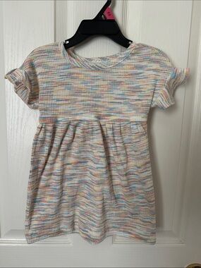 Kidgets White Knit Casual Dress with Pink, Blue, Yellow Speckles